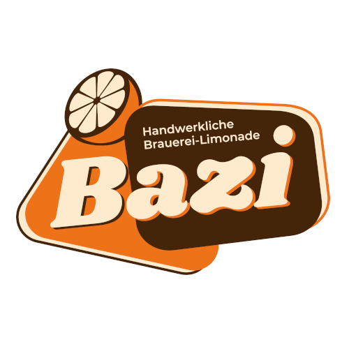Das Bazi Cola-Mix Logo. Eine Kombination aus orange und braun mit dem Icone einer aufgeschnittenen halben Orange.